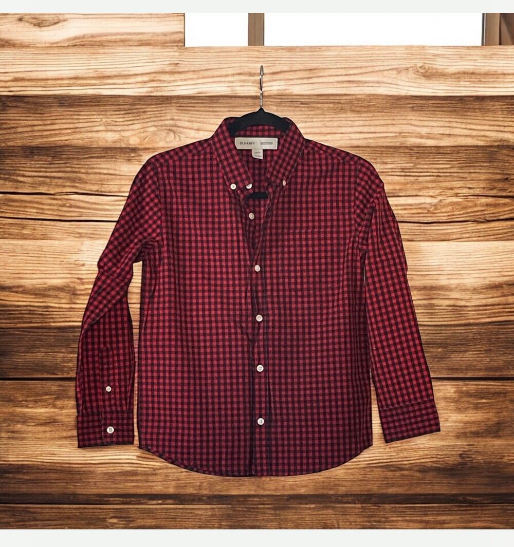 Holiday Old Navy Button Down Shirt Boys Large 10/12 Red Black Buffalo Plaid